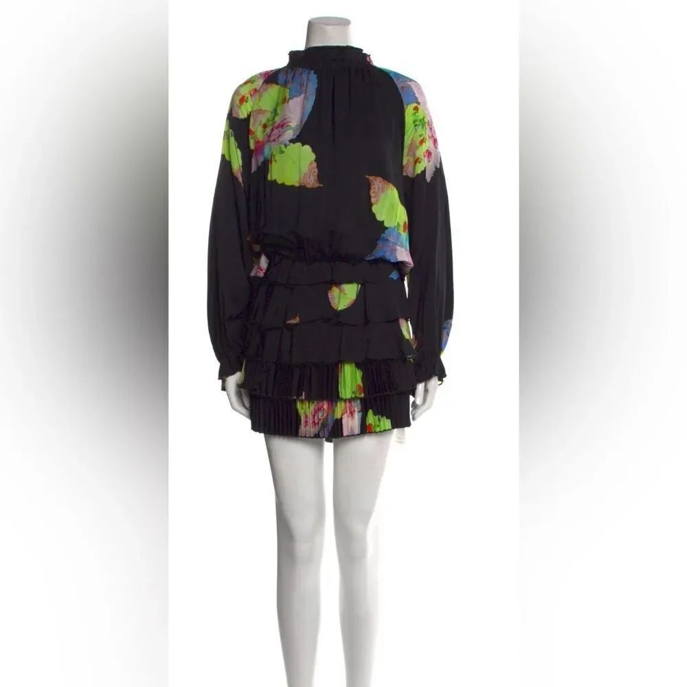 Cynthia Rowley Shift Dress Black Floral Print Pleated Ruffle Accents Long Sleeve
